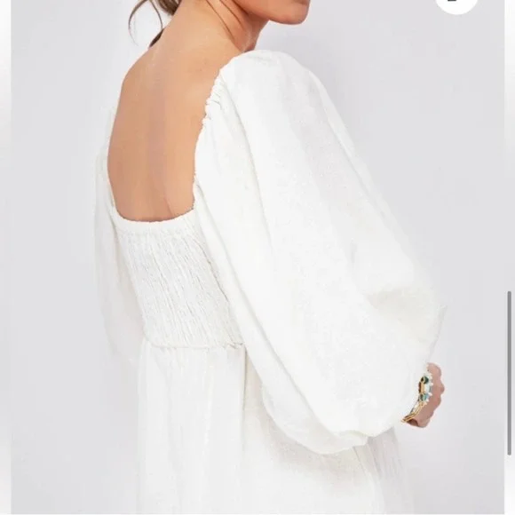 Tuckernuck Annie Linen Mini Dress White Dress Square Neck Smocked Puff  Sleeve Sm Women